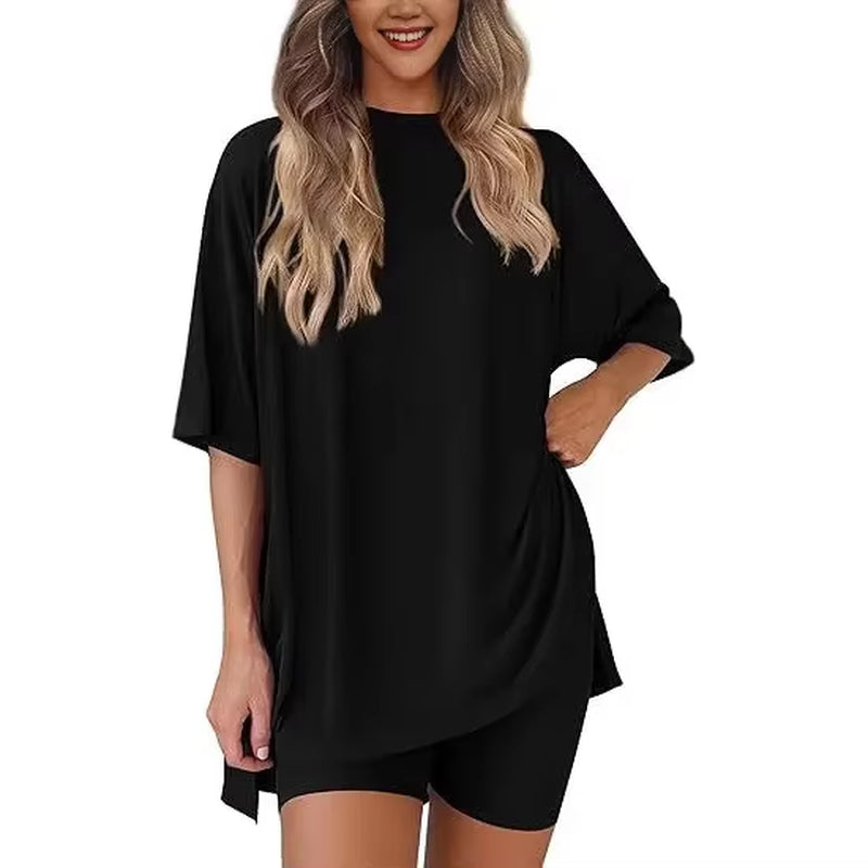 Loose Women'S Short Sleeve round Neck Home Clothes Set 2025 New Style Casual Loose Shorts Home Comfortable Polyester Fiber