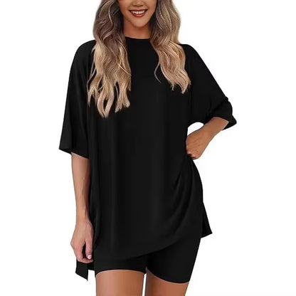 Loose Women'S Short Sleeve round Neck Home Clothes Set 2025 New Style Casual Loose Shorts Home Comfortable Polyester Fiber
