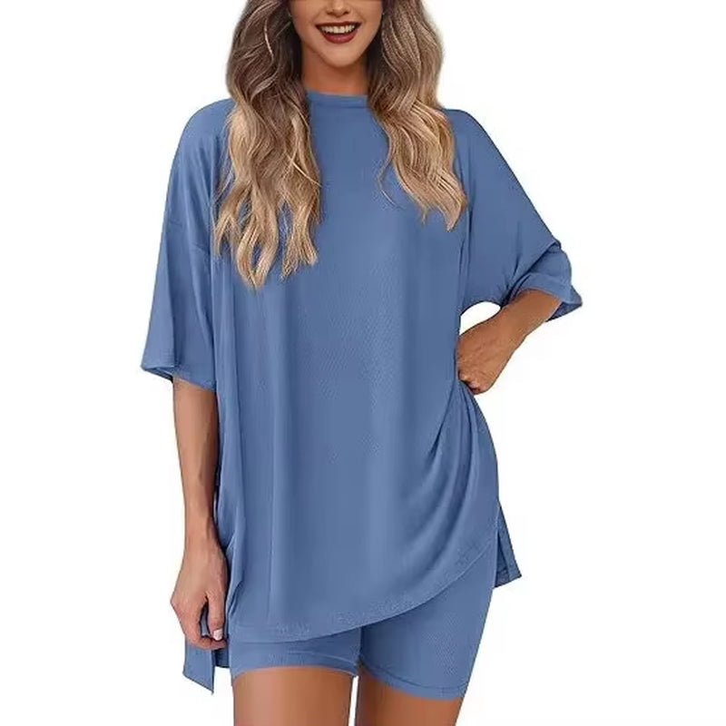 Loose Women'S Short Sleeve round Neck Home Clothes Set 2025 New Style Casual Loose Shorts Home Comfortable Polyester Fiber